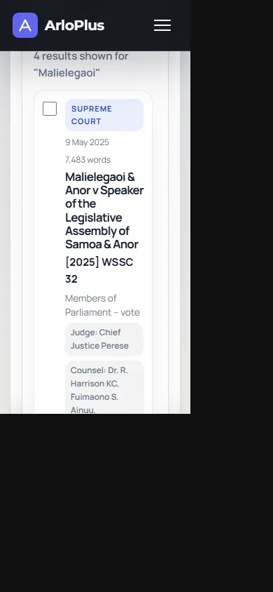 Samoa CaseBase search results on a phone showing the Malielegaoi decisions