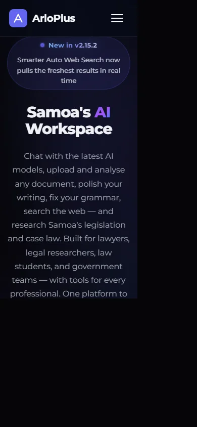 ARLO+ homepage on a phone — Samoa's AI Workspace hero