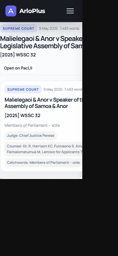 A full Supreme Court judgment open in the Samoa CaseBase reader on a phone