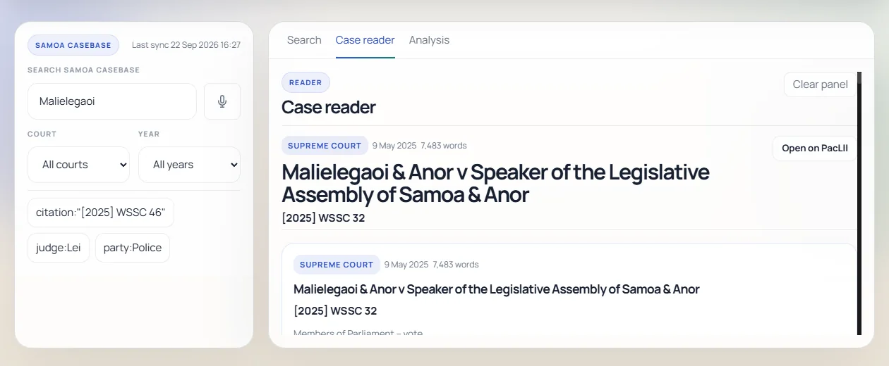A full judgment open in the Samoa CaseBase reader with the case citation, court, and full text
