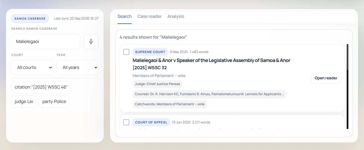 Samoa CaseBase search for Malielegaoi showing the Supreme Court and Court of Appeal decisions in the results list